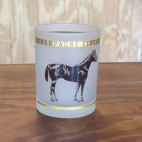 Vintage Champagne Circuit Frosted Glass Barware Gold Trim Horse Racing 1980 AQHA - Picture 1 of 7